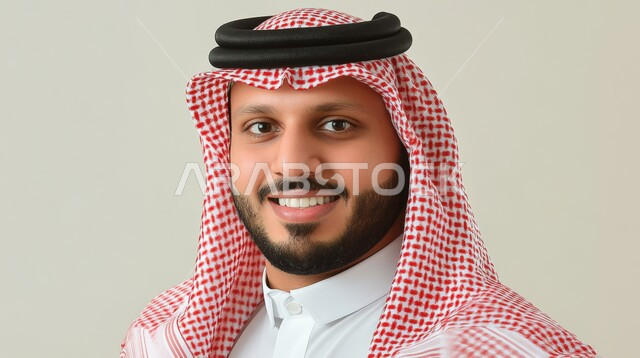 الاهتمام بالأناقة والمظهر الخارجي، بورتريه مقرب لرجل عربي خليجي سعودي مبتسم يرتدي الشماغ والثوب التقليدي ينظر إلى الكاميرا بإيماءات السرور، مفهوم الوسامة والرجولة، الشعور بالثقة في النفس، التقاط الصور الشخصية للوثائق الرسمية، خلفية بيضاء