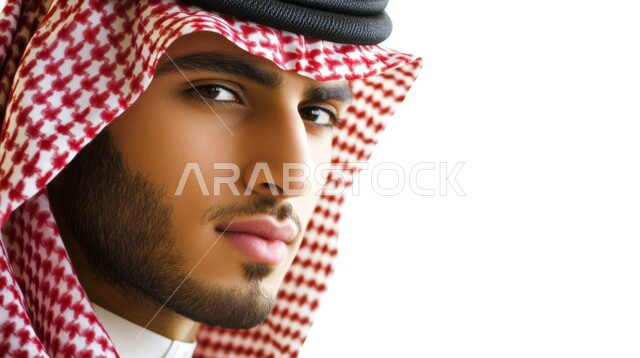 التقاط الصور الشخصية للوثائق الرسمية، الاهتمام بالأناقة والمظهر الخارجي، بورتريه مقرب لرجل عربي خليجي سعودي مبتسم يرتدي الشماغ والثوب التقليدي ينظر إلى الكاميرا بإيماءات الحزم والجدية، مفهوم الوسامة والرجولة، الشعور بالثقة في النفس، خلفية بيضاء
