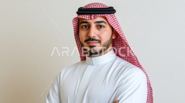 مفهوم الوسامة والرجولة، الشعور بالثقة في النفس، التقاط الصور الشخصية للوثائق الرسمية، الاهتمام بالأناقة والمظهر الخارجي، بورتريه مقرب لرجل عربي خليجي سعودي يرتدي الشماغ والثوب التقليدي ينظر إلى الكاميرا بإيماءات الحزم والجدية، خلفية بيضاء