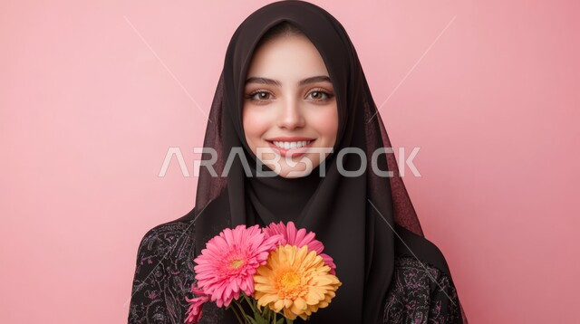 الاهتمام بالجمال والمنظهر الخارجي، تقديم الزهور في الأعياد والمناسبات السعيدة، بورتريه مقرب لامرأة عربية خليجية سعودية مبتسمة ترتدي الحجاب والعباءة تحمل بيدها الورود تنظر إلى الكاميرا بإيماءات السعادة والسرور، خلفية بيضاء