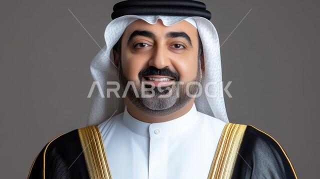 مفهوم الوسامة والرجولة، الشعور بالثقة في النفس، التقاط الصور الشخصية للوثائق الرسمية، الاهتمام بالأناقة والمظهر الخارجي، بورتريه مقرب لرجل عربي خليجي سعودي يرتدي الثوب التقليدي والغترة والبشت ينظر إلى الكاميرا بإيماءات السرور، خلفية بيضاء