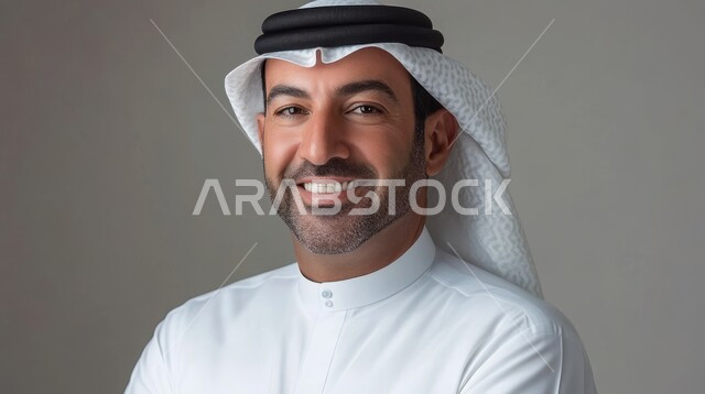 Taking portraits for official documents, concern for elegance and appearance, close-up portrait of a Saudi Arabian Gulf man wearing traditional thobe and ghutra looking at the camera with gestures of pleasure, concept of handsomeness and masculinity, feeling self-confident, white background