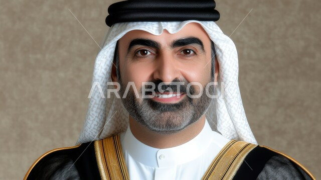 Taking portraits for official documents, concern for elegance and appearance, close-up portrait of a Saudi Arabian Gulf man wearing traditional thobe, ghutra and bisht looking at the camera with gestures of pleasure, concept of handsomeness and masculinity, feeling self-confident, white background