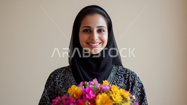 تقديم الزهور في الأعياد والمناسبات السعيدة، بورتريه مقرب لامرأة عربية خليجية سعودية مبتسمة ترتدي الحجاب والعباءة تحمل بيدها الورود تنظر إلى الكاميرا بإيماءات السعادة والسرور، الاهتمام بالجمال والمنظهر الخارجي، خلفية بيضاء