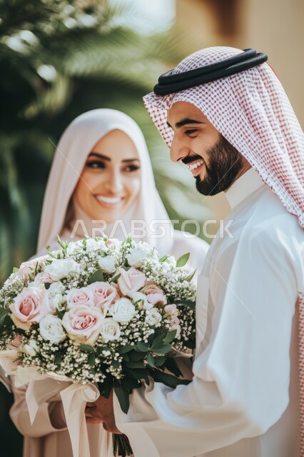مفهوم الود والسكينة بين الأزواج، زوجان عربيان خليجيان سعوديان سعيدان يحتفلان بعيد الحب، زوج يقدم لزوجته باقة ورد، الاحتفال بيوم الفلنتاين، الزوجة تعبر بإيماءات الدهشة والفرح، أعياد ومناسبات