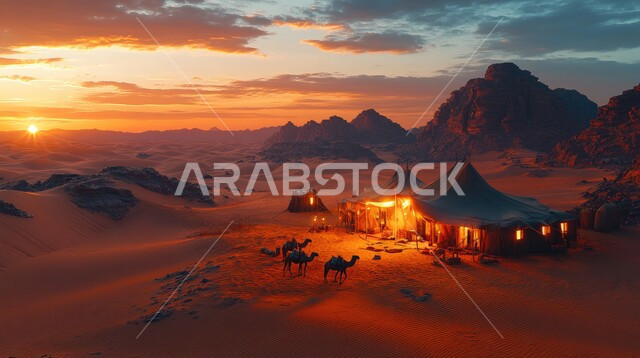 التخييم في صحاري المملكة العربية السعودية، الأجواء الشتوية الهادئة، مجموعة خيم بدوية شعبية وسط الصحراء، التضاريس والرمال الذهبية الناعمة وقت غروب الشمس، كشتة و جلسة بر شبابية، مخيمات سياحية في المناطق البرية