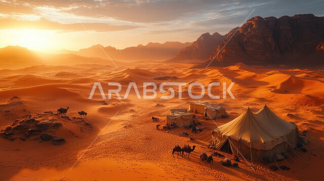 التخييم في صحاري المملكة العربية السعودية، الأجواء الشتوية الهادئة، مجموعة خيم بدوية شعبية وسط الصحراء، التضاريس والرمال الذهبية الناعمة وقت غروب الشمس، كشتة و جلسة بر شبابية، مخيمات سياحية في المناطق البرية