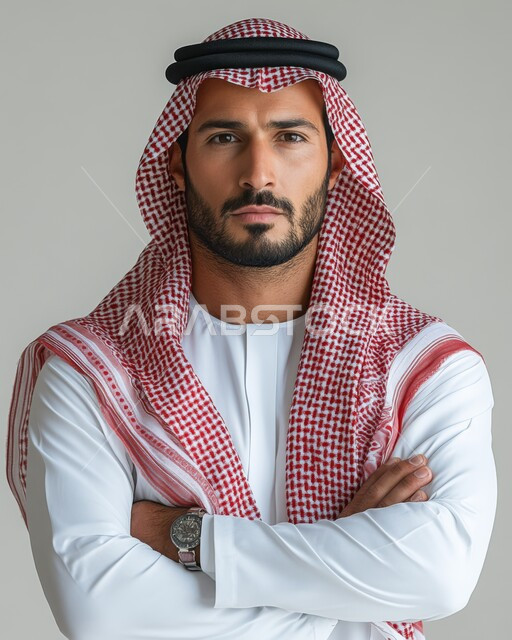 The concept of handsomeness and masculinity, feeling confident, taking personal photos for official documents, interest in elegance and appearance, close-up portrait of a Saudi Arabian Gulf man wearing a traditional shemagh and thobe standing with crossed hands looking at the camera with gestures of firmness and seriousness, white background
