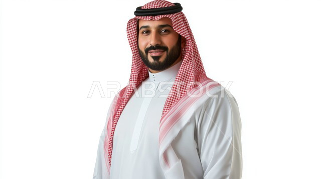 مفهوم الوسامة والرجولة، الشعور بالثقة في النفس، التقاط الصور الشخصية للوثائق الرسمية، الاهتمام بالأناقة والمظهر الخارجي، بورتريه مقرب لرجل عربي خليجي سعودي يرتدي الشماغ والثوب التقليدي ينظر إلى الكاميرا بإيماءات الحزم والجدية، خلفية بيضاء