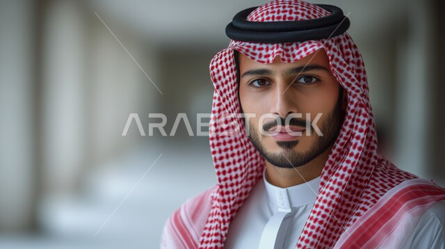 الشعور بالثقة في النفس، التقاط الصور الشخصية للوثائق الرسمية، الاهتمام بالأناقة والمظهر الخارجي، بورتريه مقرب لرجل عربي خليجي سعودي يرتدي الشماغ والثوب التقليدي ينظر إلى الكاميرا بإيماءات الحزم والجدية، مفهوم الوسامة والرجولة، خلفية بيضاء