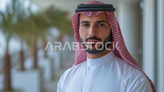 الشعور بالثقة في النفس، التقاط الصور الشخصية للوثائق الرسمية، الاهتمام بالأناقة والمظهر الخارجي، بورتريه مقرب لرجل عربي خليجي سعودي يرتدي الشماغ والثوب التقليدي ينظر إلى الكاميرا بإيماءات الحزم والجدية، مفهوم الوسامة والرجولة، خلفية بيضاء