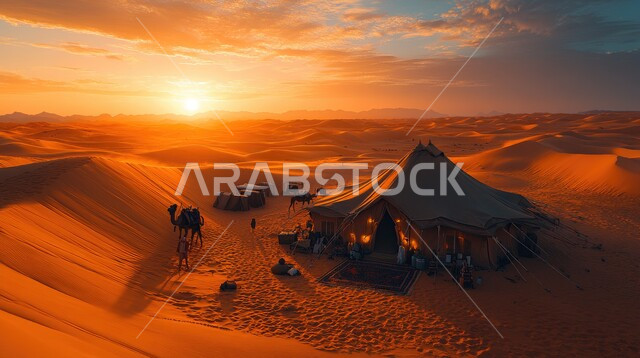 التخييم في صحاري المملكة العربية السعودية، الأجواء الشتوية الهادئة، خيمة بدوية شعبية وسط الصحراء، التضاريس والرمال الذهبية الناعمة وقت غروب الشمس، كشتة و جلسة بر شبابية، مخيمات سياحية في المناطق البرية