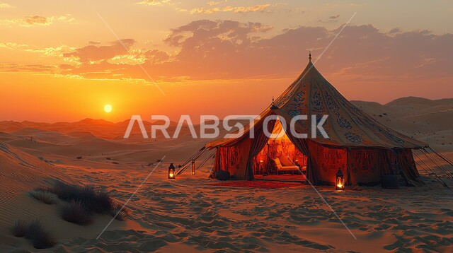 التخييم في صحاري المملكة العربية السعودية، الأجواء الشتوية الهادئة، خيمة بدوية شعبية وسط الصحراء، التضاريس والرمال الذهبية الناعمة وقت غروب الشمس، كشتة و جلسة بر شبابية، مخيمات سياحية في المناطق البرية