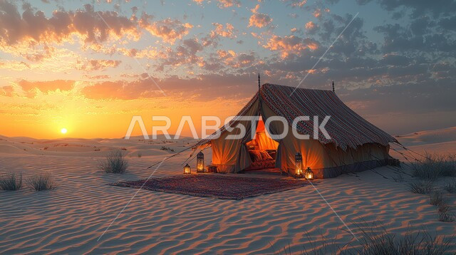التخييم في صحاري المملكة العربية السعودية، الأجواء الشتوية الهادئة، خيمة بدوية شعبية وسط الصحراء، التضاريس والرمال الذهبية الناعمة وقت غروب الشمس، كشتة و جلسة بر شبابية، مخيمات سياحية في المناطق البرية