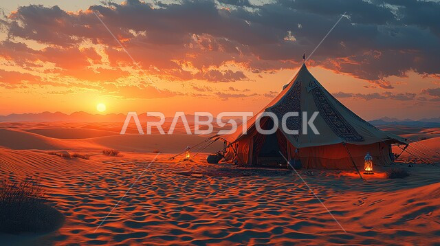 التخييم في صحاري المملكة العربية السعودية، الأجواء الشتوية الهادئة، خيمة بدوية شعبية وسط الصحراء، التضاريس والرمال الذهبية الناعمة وقت غروب الشمس، كشتة و جلسة بر شبابية، مخيمات سياحية في المناطق البرية