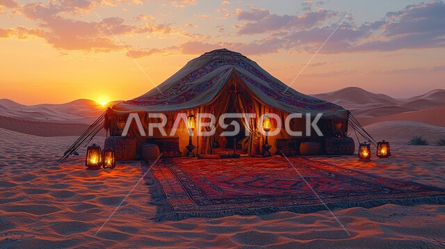 التخييم في صحاري المملكة العربية السعودية، الأجواء الشتوية الهادئة، خيمة بدوية شعبية وسط الصحراء، التضاريس والرمال الذهبية الناعمة وقت غروب الشمس، كشتة و جلسة بر شبابية، مخيمات سياحية في المناطق البرية