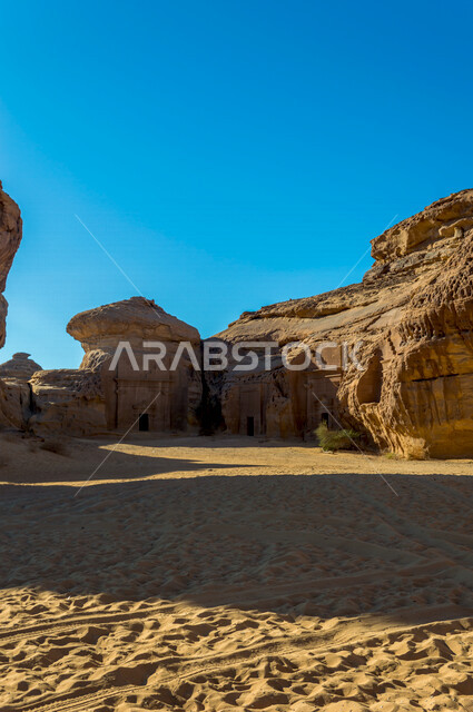 The historical beauty of Madain Saleh in Al-Ula, Saudi Arabia, the ancient Arab civilization, the natural beauty of the rock formations, the beauty of desert nature, historical archaeological landmarks, tourism in Saudi Arabia
