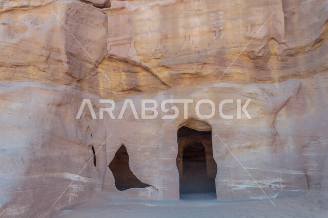 The historical beauty of Madain Saleh in Al-Ula, Saudi Arabia, the ancient Arab civilization, the natural beauty of the rock formations, the beauty of desert nature, historical archaeological landmarks, tourism in Saudi Arabia
