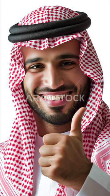  الاعجاب والرضا لتحقيق أمر معين، مفهوم الأناقة والرجولة، بورتريه مقرب لرجل عربي سعوي خليجي مبتسم يرتدي الثوب التقليدي والشماغ يرفع اصبع الإبهام إلى الاعلى بعلامة الجودة والامتياز، النظر الى الكاميرا بايماءات الموافقة والقبول، خلفية بيضاء