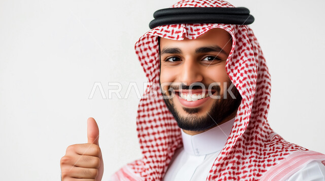  الاعجاب والرضا لتحقيق أمر معين، مفهوم الأناقة والرجولة، بورتريه مقرب لرجل عربي سعوي خليجي مبتسم يرتدي الثوب التقليدي والشماغ يرفع اصبع الإبهام إلى الاعلى بعلامة الجودة والامتياز، النظر الى الكاميرا بايماءات الموافقة والقبول، خلفية بيضاء