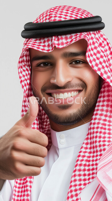  النظر الى الكاميرا بايماءات الموافقة والقبول، الاعجاب والرضا لتحقيق أمر معين، مفهوم الأناقة والرجولة، بورتريه مقرب لرجل عربي سعوي خليجي مبتسم يرتدي الثوب التقليدي والشماغ يرفع اصبع الإبهام إلى الاعلى بعلامة الجودة والامتياز، خلفية بيضاء