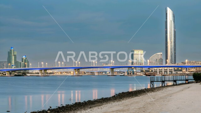 Dubai Creek Harbor by day, the waterfront and entertainment in the Emirates, the architectural art of towers and skyscrapers overlooking the Arabian Gulf coast, tourist places and attractions