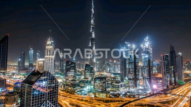 Architectural engineering art in the modern style of towers and skyscrapers, attracting and attracting tourists from all over the world, the Burj Khalifa in the city of Dubai, illuminated at night, the tourist destination in the United Arab Emirates, urban growth and development in the Arabian Gulf