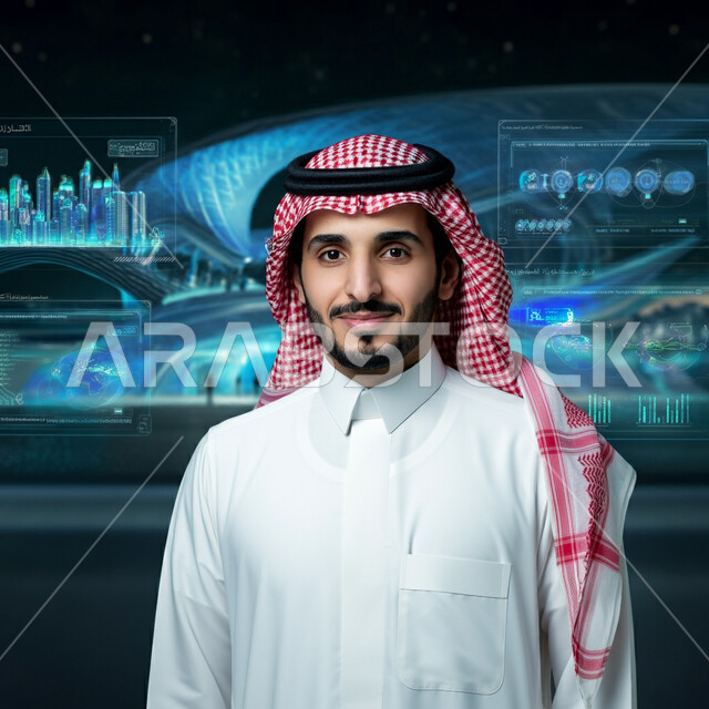 Elegance and attention to external appearance, the concept of masculinity and self-confidence, standing upright and self-confident, a close-up picture of a smiling Saudi Gulf Arab man wearing a traditional dress and shemagh.