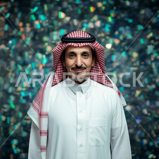 الأناقة والاهتمام بالمظهر الخارجي، مفهوم الرجولة والثقة بالنفس، الوقوف باستقامة وثقة بالنفس، صورة مقربة لرجل عربي خليجي سعودي مبتسم يرتدي الزي التقليدي والشماغ