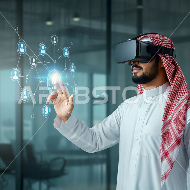 Interaction and integration with virtual reality, integrating work with advanced technology, simulating the imaginary world, technological devices and modern techniques, a close-up image of a Saudi Gulf Arab man wearing a thobe and shemagh, wearing 3D VR glasses.