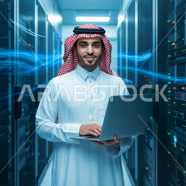 Facilitating access to information through database systems. A Saudi Gulf Arab man supervises and controls the data center using a laptop. Benefiting from Saudi expertise in developing the data center. A three-dimensional holographic background for the server room.