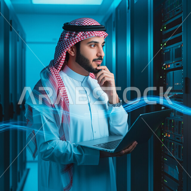 Facilitating access to information through database systems. A Saudi Gulf Arab man supervises and controls the data center using a laptop. Benefiting from Saudi expertise in developing the data center. A three-dimensional holographic background for the server room.