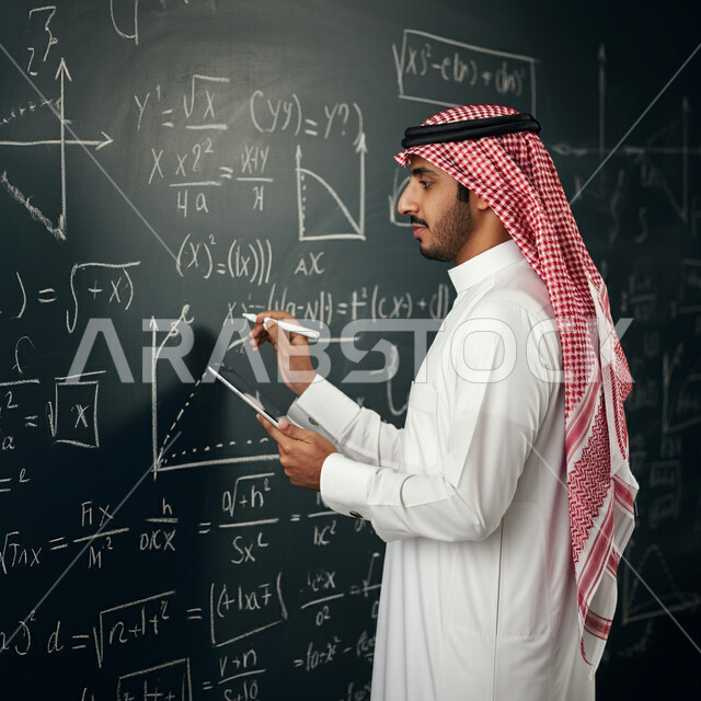 الإهتمام بقدرات الطلاب بتقديم الدروس, معلم رياضيات سعودي خليجي عربي يرتدي الثوب ويضع الشماغ يقوم بشرح مسائل حسابية, المقررات والمناهج التعليمية الحديثة والمطورة بالمملكة العربية السعودية