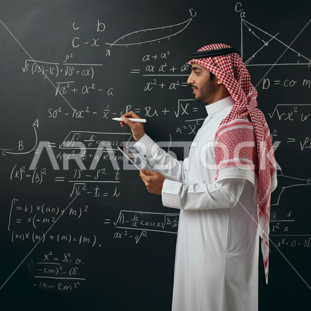 الإهتمام بقدرات الطلاب بتقديم الدروس, معلم رياضيات سعودي خليجي عربي يرتدي الثوب ويضع الشماغ يقوم بشرح مسائل حسابية, المقررات والمناهج التعليمية الحديثة والمطورة بالمملكة العربية السعودية