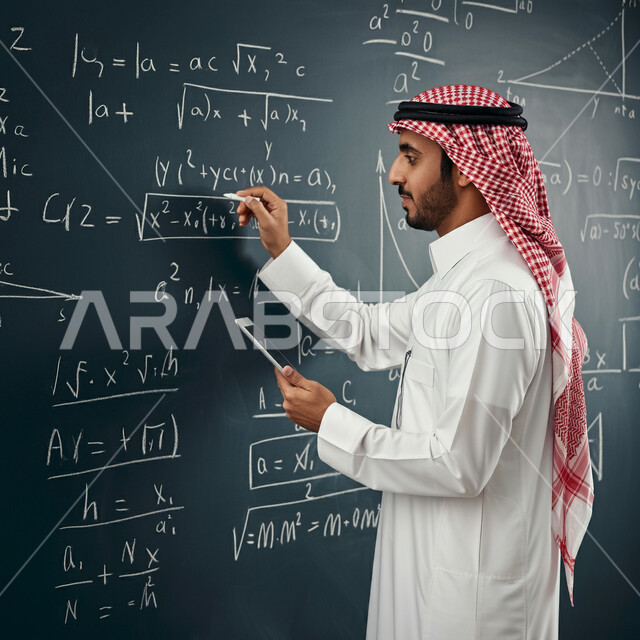 الإهتمام بقدرات الطلاب بتقديم الدروس, معلم رياضيات سعودي خليجي عربي يرتدي الثوب ويضع الشماغ يقوم بشرح مسائل حسابية, المقررات والمناهج التعليمية الحديثة والمطورة بالمملكة العربية السعودية