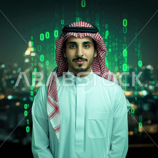 العمل في تطوير الأنظمة البرمجية, مفهوم الأمن السيبراني, رجل عربي خليجي سعودي يرتدي الثوب التقليدي و الشماغ, رموز و أكواد تشير لبيانات محمية, خلفية الخوارزميات المتطورة