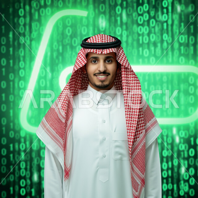 العمل في تطوير الأنظمة البرمجية, مفهوم الأمن السيبراني, رجل عربي خليجي سعودي يرتدي الثوب التقليدي و الشماغ, رموز و أكواد تشير لبيانات محمية, خلفية الخوارزميات المتطورة