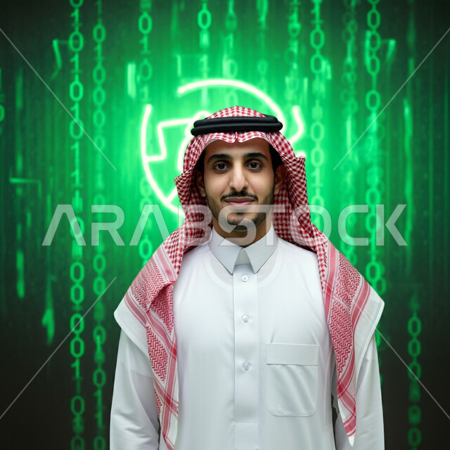العمل في تطوير الأنظمة البرمجية, مفهوم الأمن السيبراني, رجل عربي خليجي سعودي يرتدي الثوب التقليدي و الشماغ, رموز و أكواد تشير لبيانات محمية, خلفية الخوارزميات المتطورة
