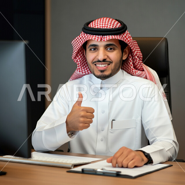 التعبير عن الرأي بالاعجاب والقبول, صورة مقربة لرجل عربي خليجي سعودي يرتدي الثوب والشماغ التقليدي يجلس في مكتبه ويقوم برفع اصبع الابهام للأعلى بإيماءات الامتياز و علامة الجودة, النظر إلى الكاميرا بإشارات الموافقه