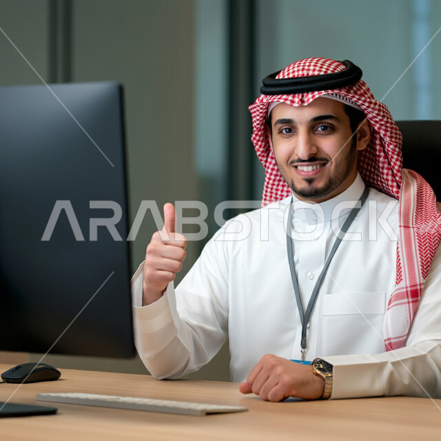 التعبير عن الرأي بالاعجاب والقبول, صورة مقربة لرجل عربي خليجي سعودي يرتدي الثوب والشماغ التقليدي يجلس في مكتبه ويقوم برفع اصبع الابهام للأعلى بإيماءات الامتياز و علامة الجودة, النظر إلى الكاميرا بإشارات الموافقه