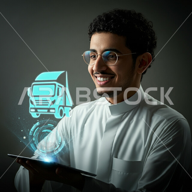 مفهوم التسوق الالكتروني, توصيل الطلبات والبضائع للزبائن, عمليات شحن وتوصيل موثوقه, التسوق الذكي والطلبات الاونلاين, بورتريه مقرب لشاب عربي خليجي سعودي يرتدي الثوب والنظارات الطبية يحمل بيده جهاز تابليت مضيء بشعار شاحنة هولوجرامي, خلفية رمادي