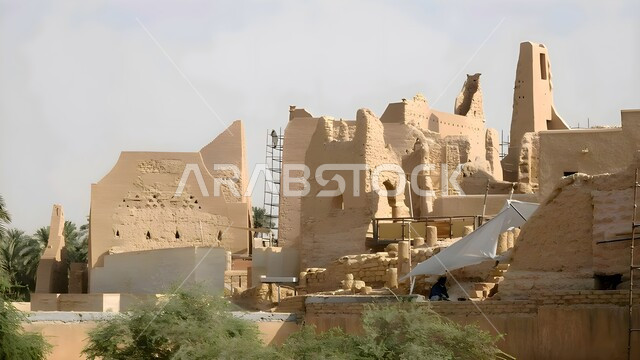 Ancient mud buildings and houses in Diriyah, old-style architectural art, the walls of Salwa Palace in the Al-Bujairi neighborhood, popular heritage tourist places and attractions to attract tourists to the Kingdom of Saudi Arabia, ancient historical walls and fortresses in the city of Riyadh.
