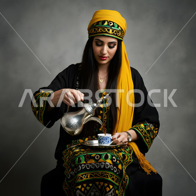 العادات والتقاليد الأصيلة، تقديم المشروبات الساخنة، حسن الضيافة والاستقبال عند العرب، مفهوم الأنوثة والنعومة، الاهتمام بالمظهر الخارجي، بورتريه لامرأة عربية خليجية سعودية ترتدي العباءة السوداء تقوم بصب القهوة في فنجان، خلفية رمادية