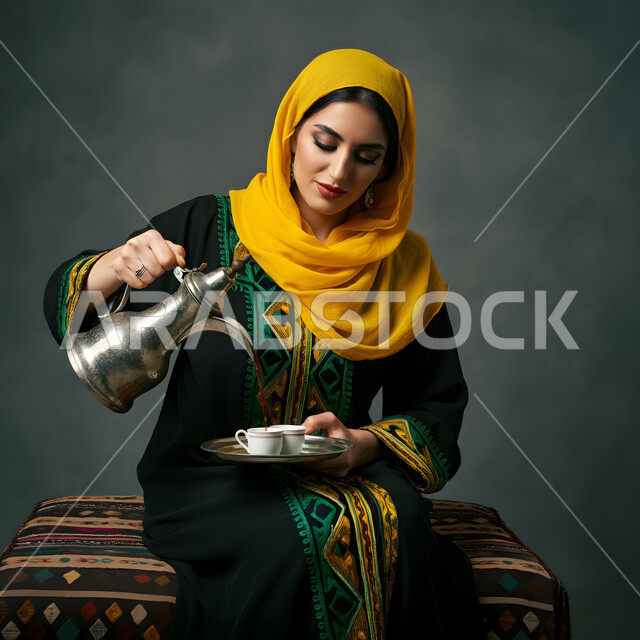 العادات والتقاليد الأصيلة، تقديم المشروبات الساخنة، حسن الضيافة والاستقبال عند العرب، مفهوم الأنوثة والنعومة، الاهتمام بالمظهر الخارجي، بورتريه لامرأة عربية خليجية سعودية ترتدي العباءة السوداء تقوم بصب القهوة في فنجان، خلفية رمادية