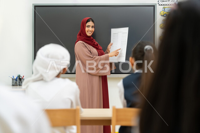 المشاركة والتفاعل داخل الفصل الدراسي، لوح مدرسي ذكي، معلمة عربية خليجية إماراتية ترتدي الحجاب والعباءة تحمل بيدها مجموعة أوراق تشير إليها تقوم بشرح الدروس للتلاميذ، أهداف التربية والتعليم بالمناهج المقررة للطلاب والطالبات في الإمارات العربية المتحدة