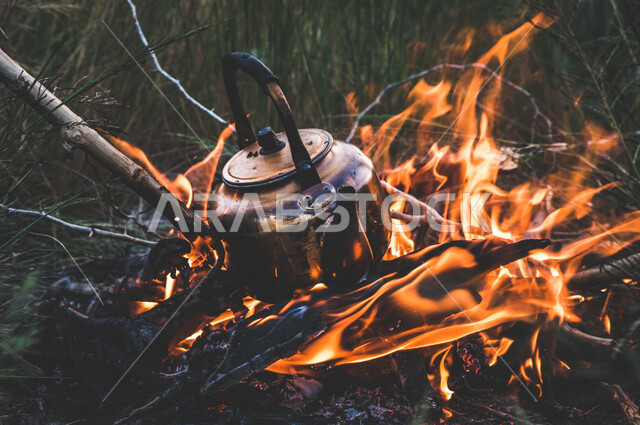 إعداد الشاي على النيران المشتعلة  في الحطب ، اللهب الأحمر المشتعل في رحلة تخييم ، جمال الطبيعة في المملكة العربية السعودية 