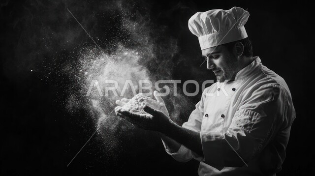 الاستعداد لعمل المعجنات والمخبوزرات اللذيذة، تجهيز وصفات بالدقيق والطحين الأبيض، العمل في مطاعم ومطابخ المملكة العربية السعودية، بورتريه مقرب لشيف عربي سعودي خليجي يرتدي اليونيفورم الخاص بالطبخ يقوم بتحضير العجين، إعداد الأكلات الشهية والمغذية، خلفية سوداء