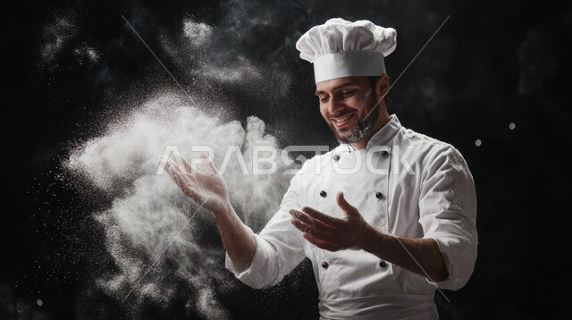 إعداد الأكلات الشهية والمغذية، الاستعداد لعمل المعجنات والمخبوزرات اللذيذة، تجهيز وصفات بالدقيق والطحين الأبيض، العمل في مطاعم ومطابخ المملكة العربية السعودية، بورتريه مقرب لشيف عربي سعودي خليجي يرتدي اليونيفورم الخاص بالطبخ يقوم بتحضير العجين، خلفية سوداء