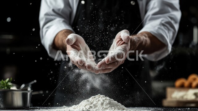 العمل في مطاعم ومطابخ المملكة العربية السعودية، بورتريه مقرب لشيف عربي سعودي خليجي يرتدي اليونيفورم الخاص بالطبخ يقوم بتحضير العجين، إعداد الأكلات الشهية والمغذية، الاستعداد لعمل المعجنات والمخبوزرات اللذيذة، تجهيز وصفات بالدقيق والطحين الأبيض، خلفية سوداء