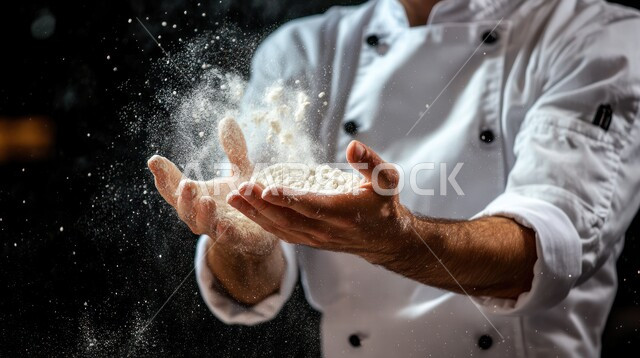 تجهيز وصفات بالدقيق والطحين الأبيض، العمل في مطاعم ومطابخ المملكة العربية السعودية، بورتريه مقرب لشيف عربي سعودي خليجي يرتدي اليونيفورم الخاص بالطبخ يقوم بتحضير العجين، إعداد الأكلات الشهية والمغذية، الاستعداد لعمل المعجنات والمخبوزرات اللذيذة، خلفية سوداء